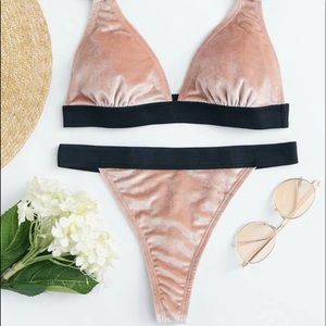 Pink Velvet Strappy Thong Bikini Set NWOT